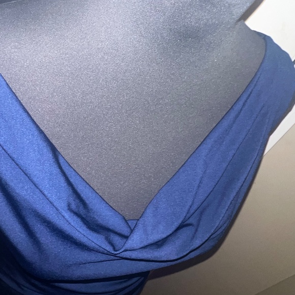 Sam Edelman Drape Neck Ruched Slim Asymmetric  Dress Navy - Picture 7 of 14